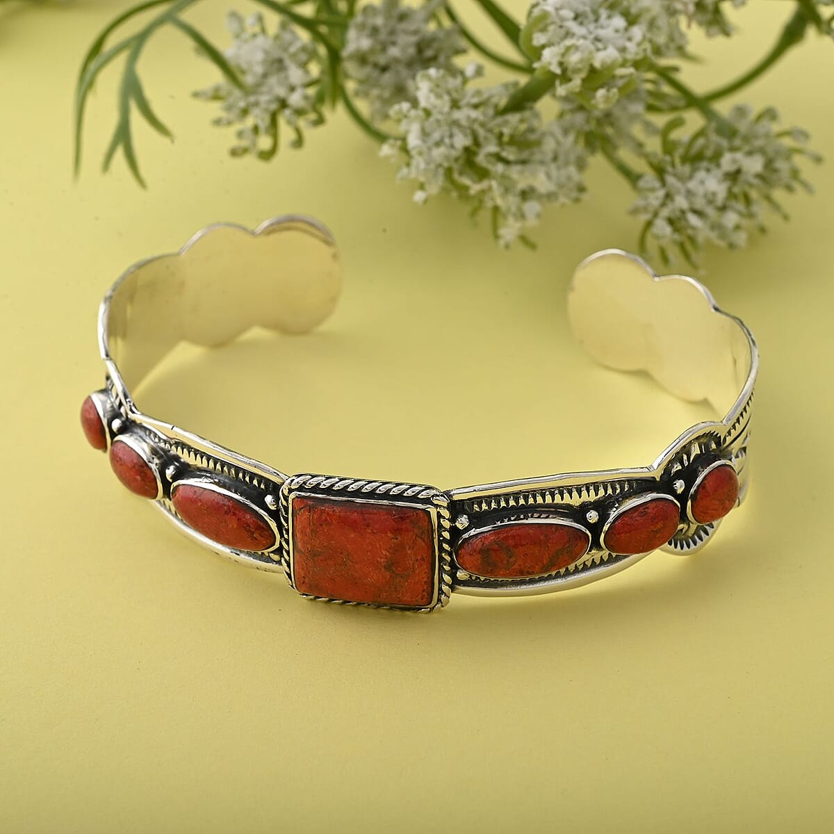 Santa Fe Style Coral Bracelet in Sterling Silver (6.50 In) image number 1