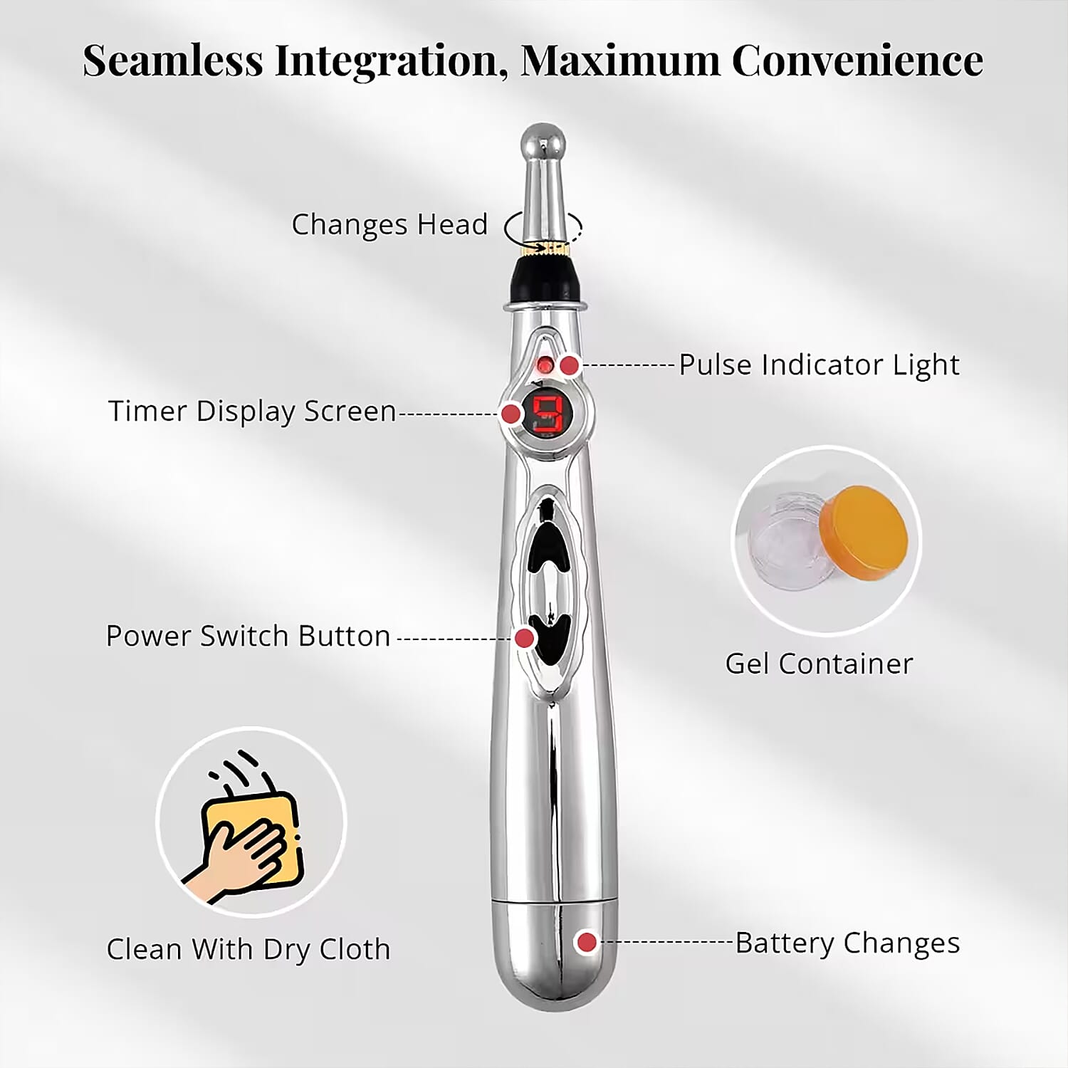 Massage Pen with 5 Interchangeable Heads and 2 Gel Container Without Gel (1xAA Battery Not Included)