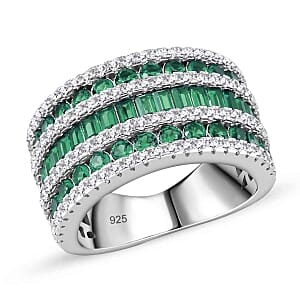 Simulated Green and White Diamond Ring in Rhodium Over Sterling Silver (Size 5.5)