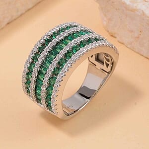 Simulated Green and White Diamond Ring in Rhodium Over Sterling Silver (Size 5.5)