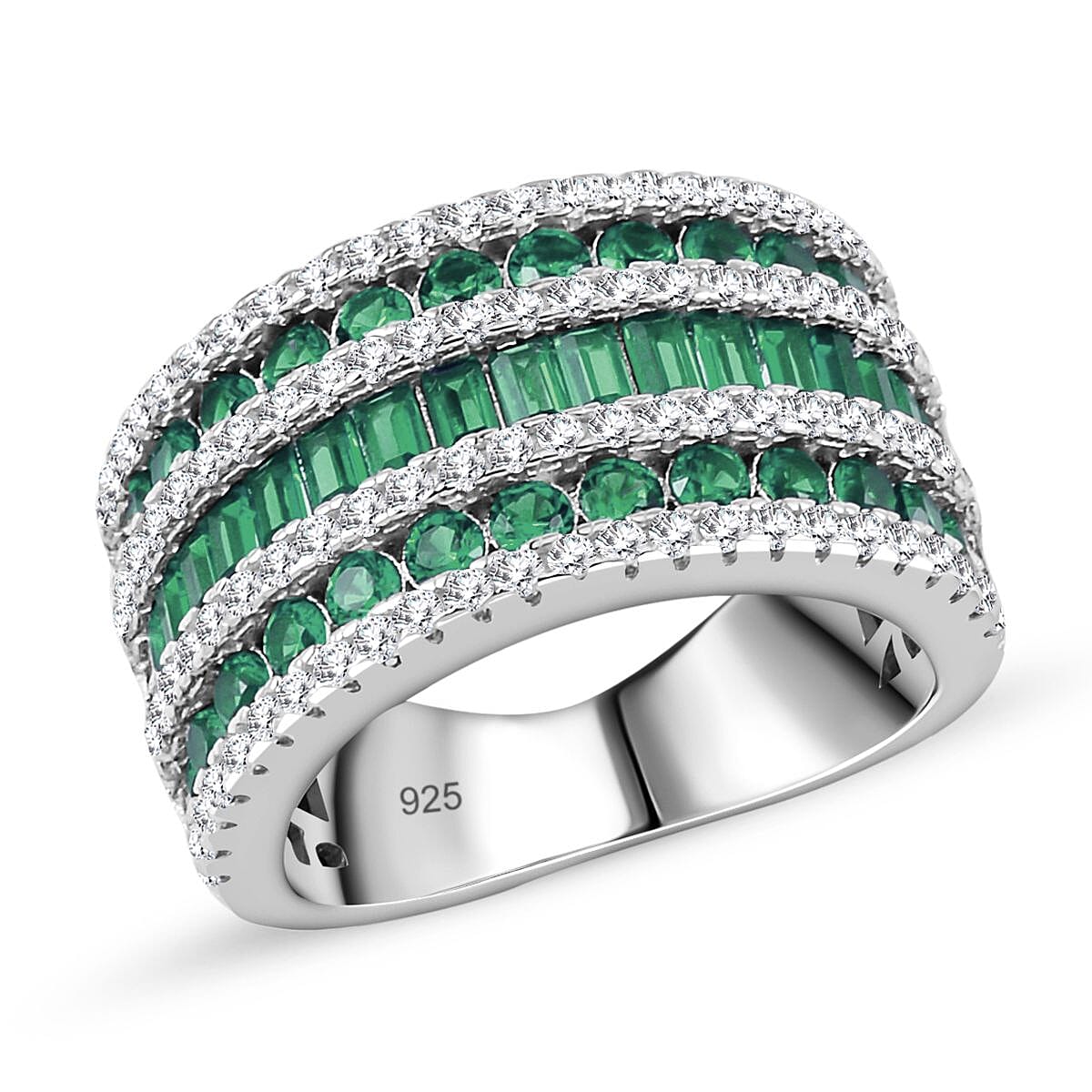 Simulated Green and White Diamond Ring in Rhodium Over Sterling Silver (Size 8)