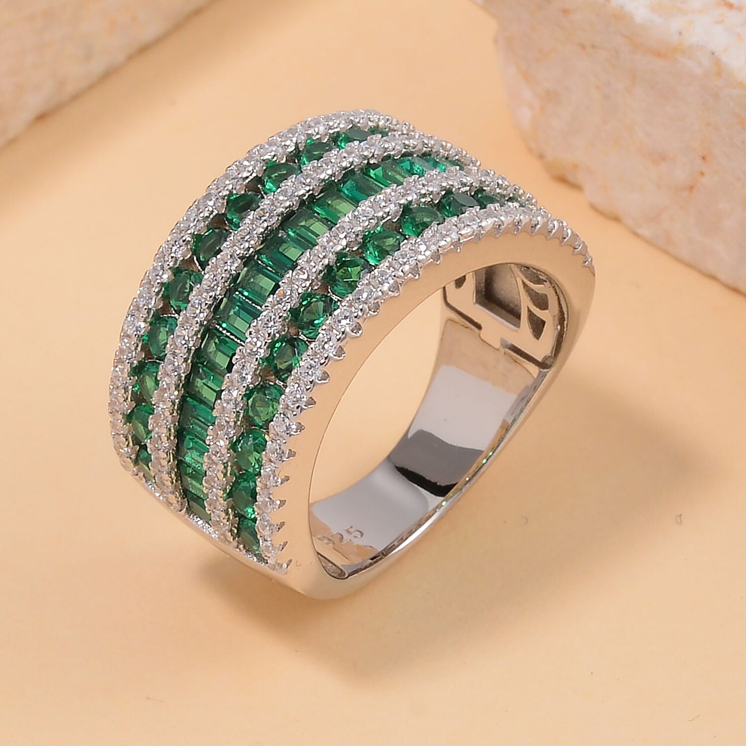 Simulated Green and White Diamond Ring in Rhodium Over Sterling Silver (Size 8)
