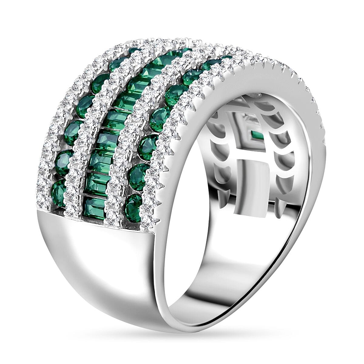 Simulated Green and White Diamond Ring in Rhodium Over Sterling Silver (Size 8)