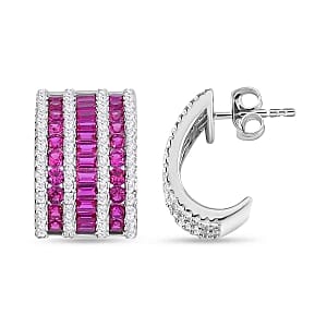 Simulated Ruby Color and White Diamond 5.56 ctw Earrings in Rhodium Over Sterling Silver