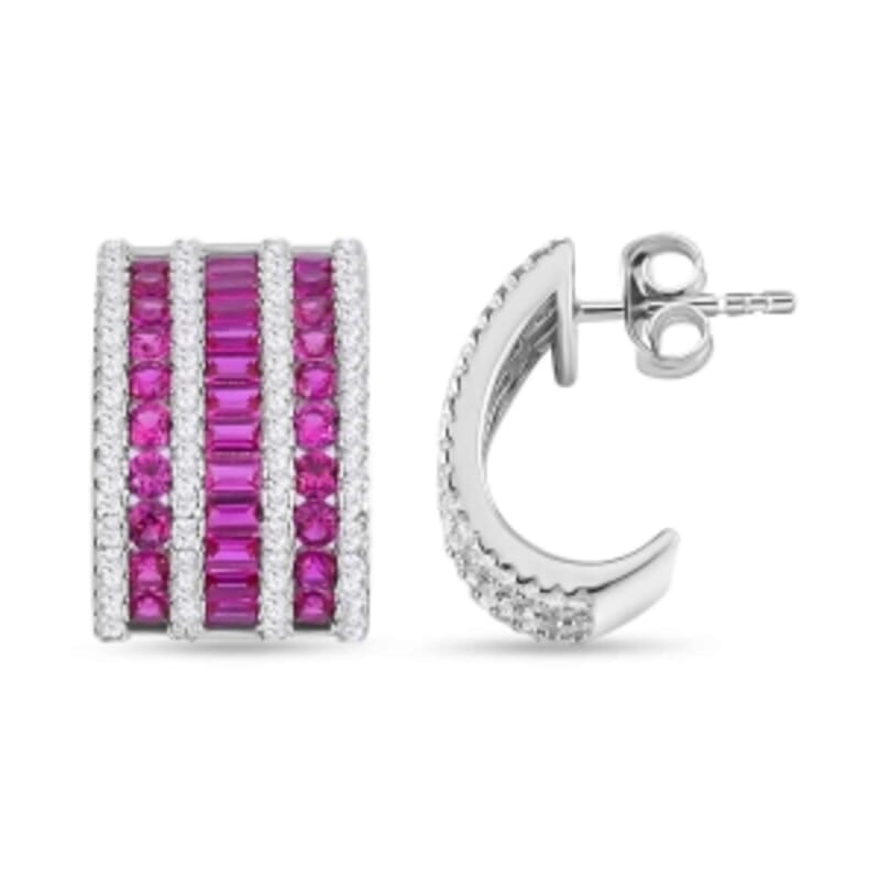 Simulated Ruby Color and White Diamond 5.56 ctw Earrings in Rhodium Over Sterling Silver