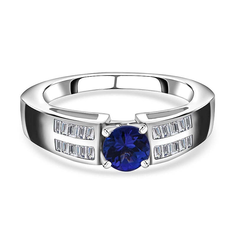 Tanznaite and White Zircon 0.79 ctw Ring in Rhodium Over Sterling Silver (Size 9)