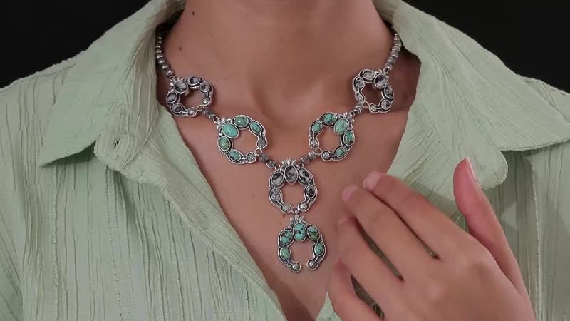 Artisan Crafted Blue Moon Turquoise and White Buffalo Squash Blossom Necklace 18-20 Inches in Sterling Silver 24.75 ctw