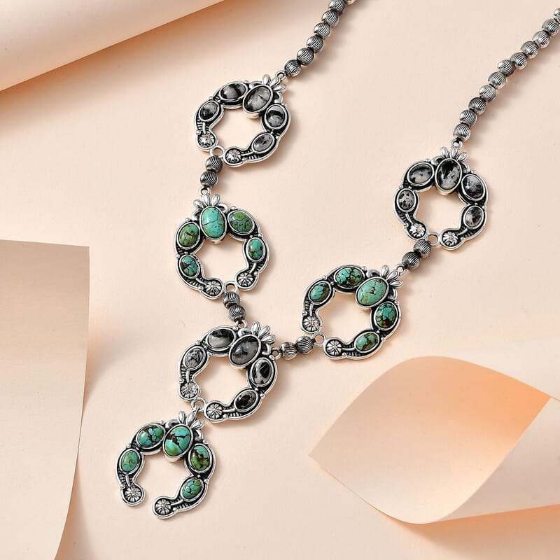 Artisan Crafted Blue Moon Turquoise and White Buffalo Squash Blossom Necklace 18-20 Inches in Sterling Silver 24.75 ctw