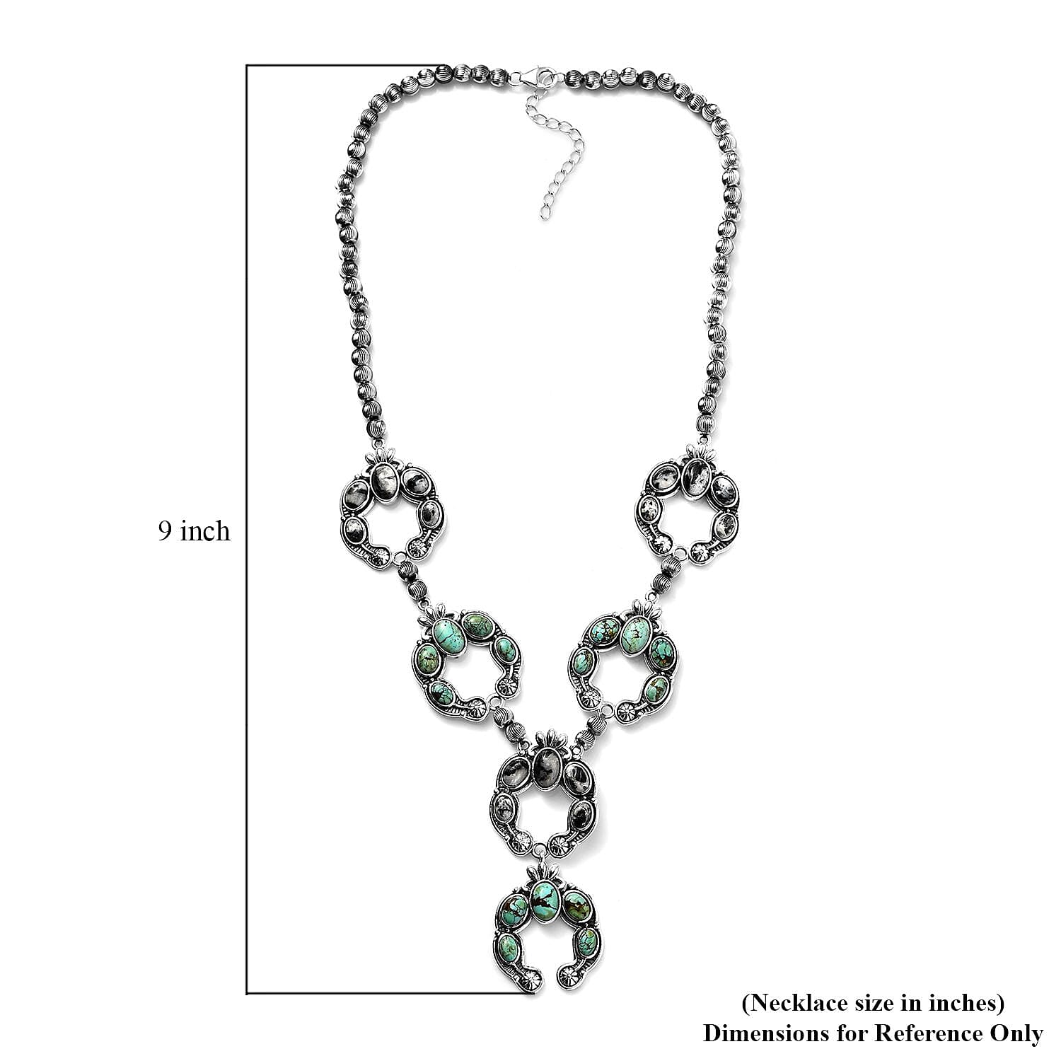 Artisan Crafted Blue Moon Turquoise and White Buffalo Squash Blossom Necklace 18-20 Inches in Sterling Silver 24.75 ctw