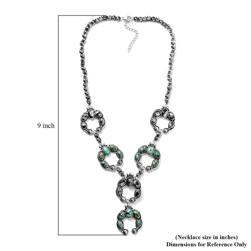 Artisan Crafted Blue Moon Turquoise and White Buffalo Squash Blossom Necklace 18-20 Inches in Sterling Silver 24.75 ctw