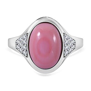 Natural Pink Queen Conch Shell and White Zircon 6.66 ctw Ring in Rhodium Over Sterling Silver (Size 6.5)