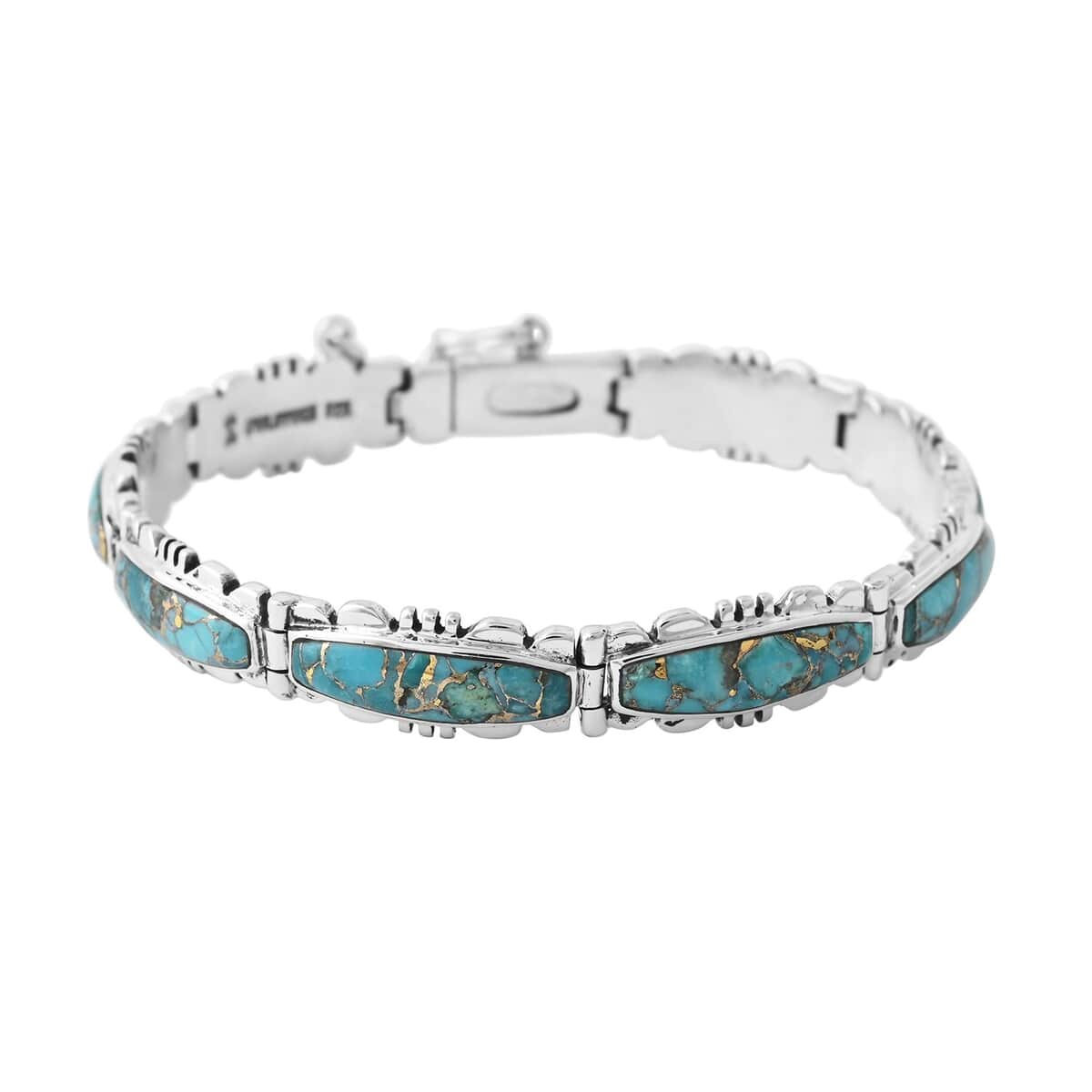 Santa Fe Style Mojave Turquoise Bracelet in Sterling Silver (7.25 In) 10.00 ctw image number 0