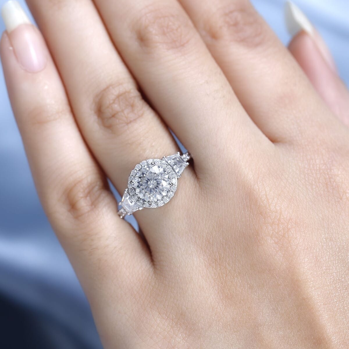 Moissanite Halo Ring in Platinum Over Sterling Silver (Size 7.0) 3.00 ctw image number 2