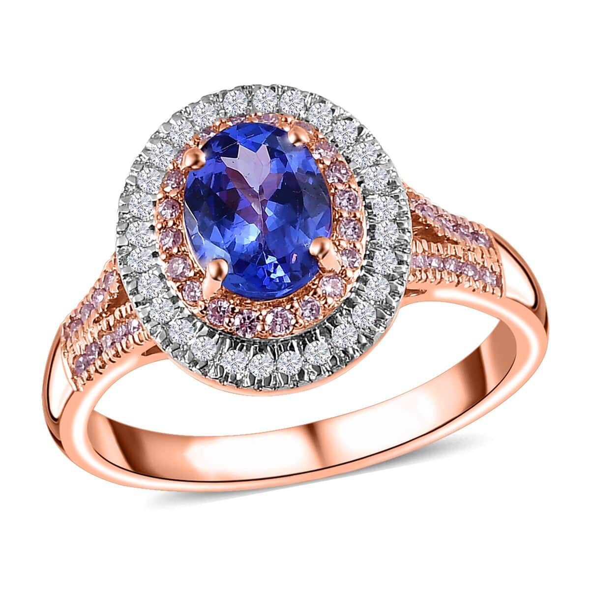 Luxoro 10K Rose Gold Premium Tanzanite, Natural Pink and White Diamond I3 Double Halo Ring (Size 6.0) 4.25 Grams 1.85 ctw image number 0