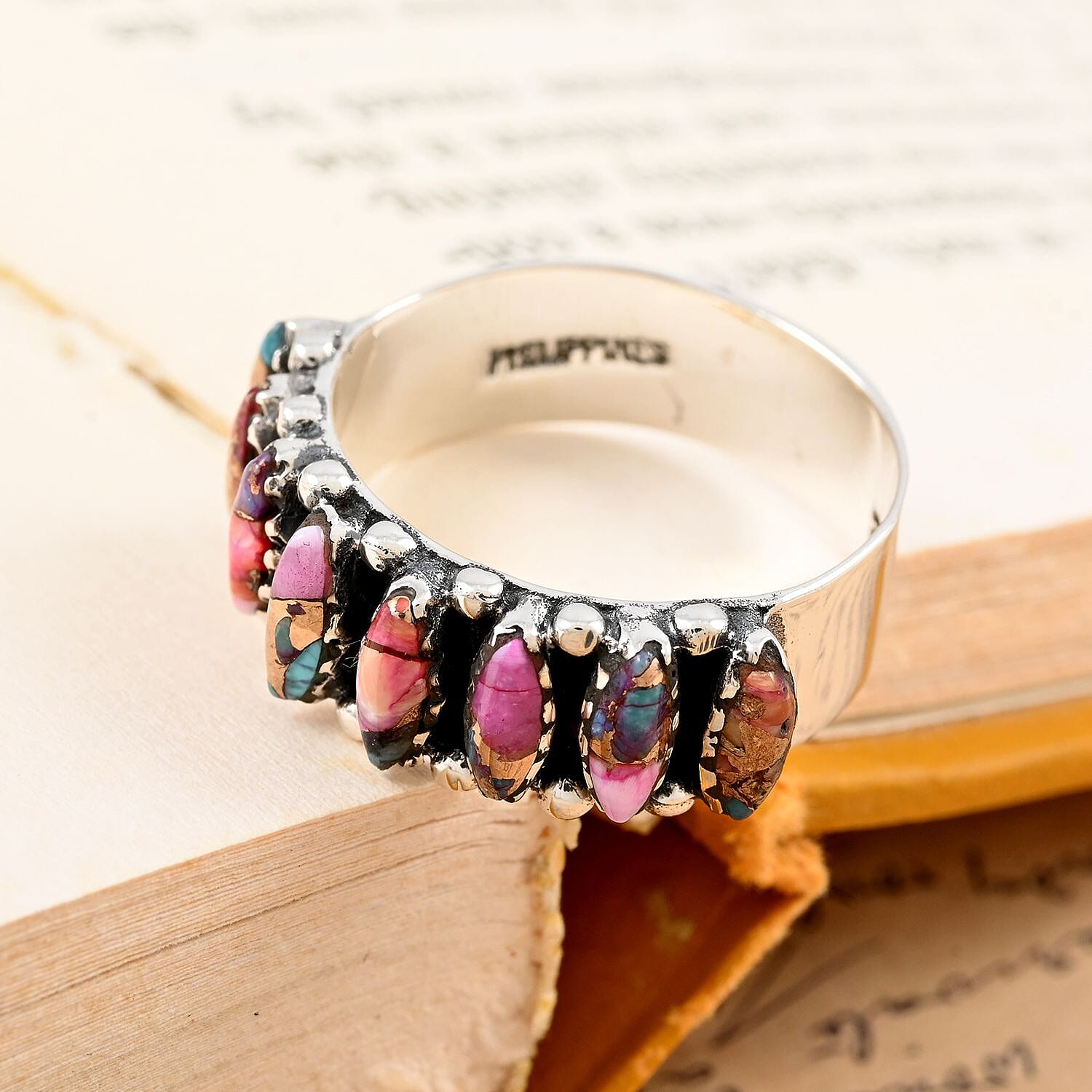 Santa Fe Style Rainbow Multi Gemstone Ring in Sterling Silver (Size 10.0) 2.40 ctw