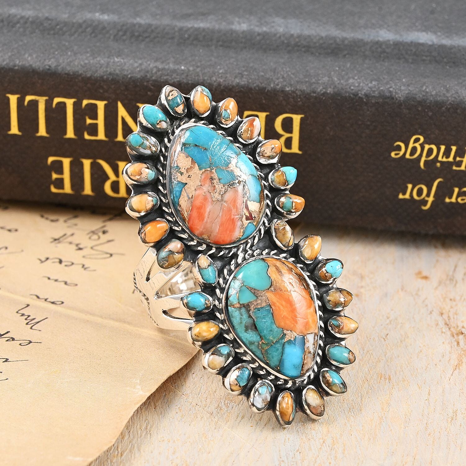 Santa Fe Style Spiny Turquoise Ring in Sterling Silver (Size 10.0) 4.00 ctw