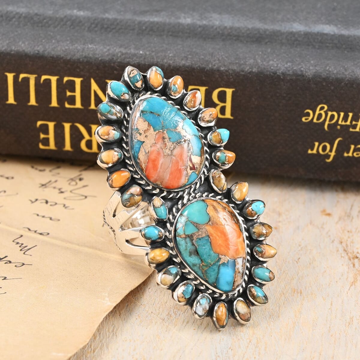 Santa Fe Style Spiny Turquoise Ring in Sterling Silver (Size 6.0) 4.00 ctw image number 1