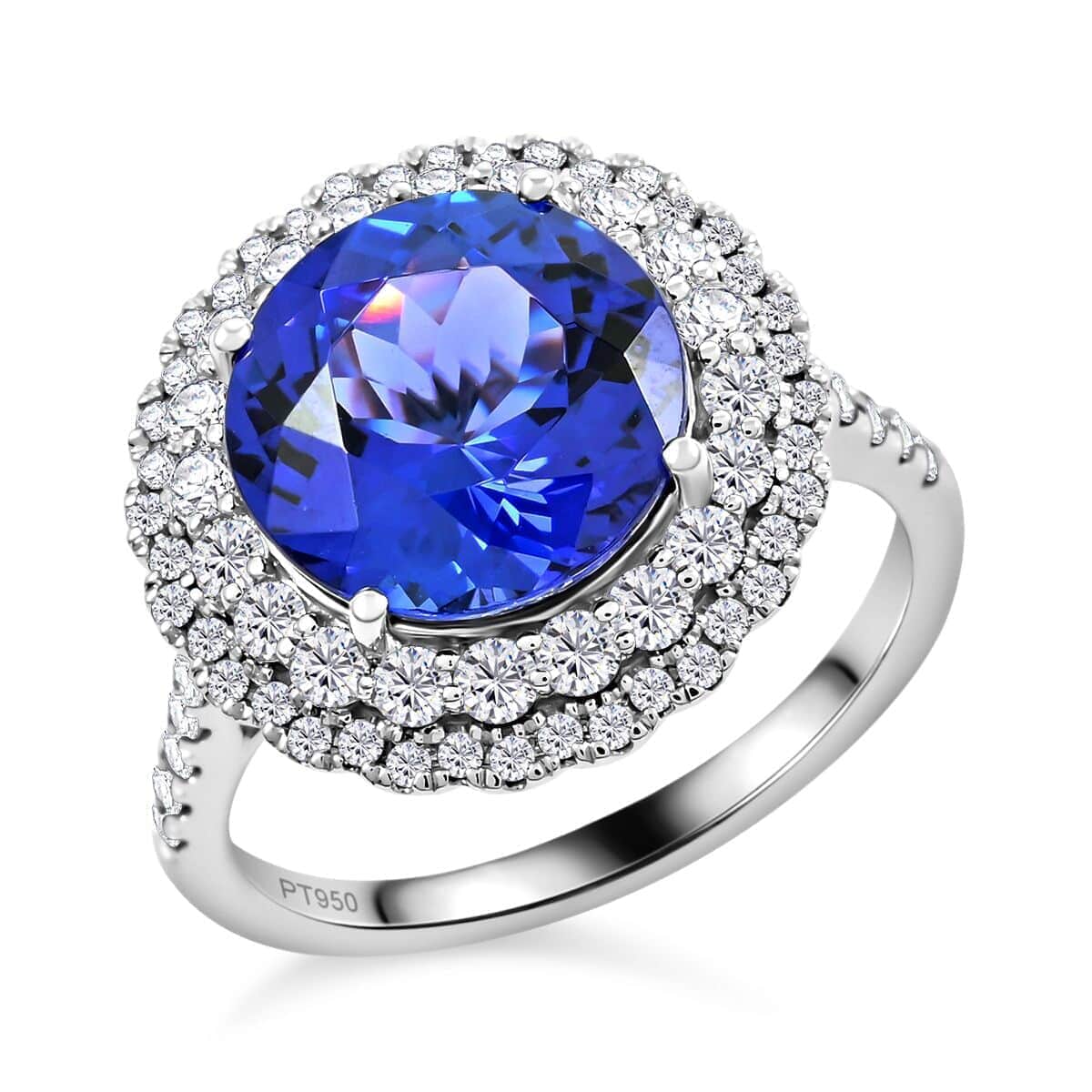 Certified & Appraised AAAA Tanzanite Double Halo Ring, E-F VS Diamond Accent Ring, 950 Platinum Ring, Tanzanite Jewelry, Rings For Her 7.80 Grams 5.15 ctw (Size 10) image number 0