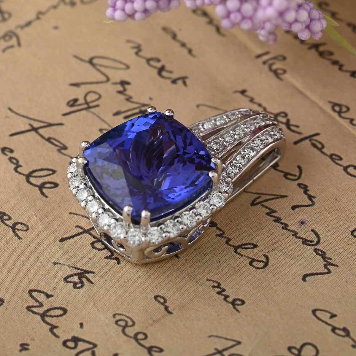 Certified & Appraised Rhapsody AAAA Tanzanite and E-F VS Diamond 5.50 ctw Pendant in 950 Platinum 4.65 Grams image number 1