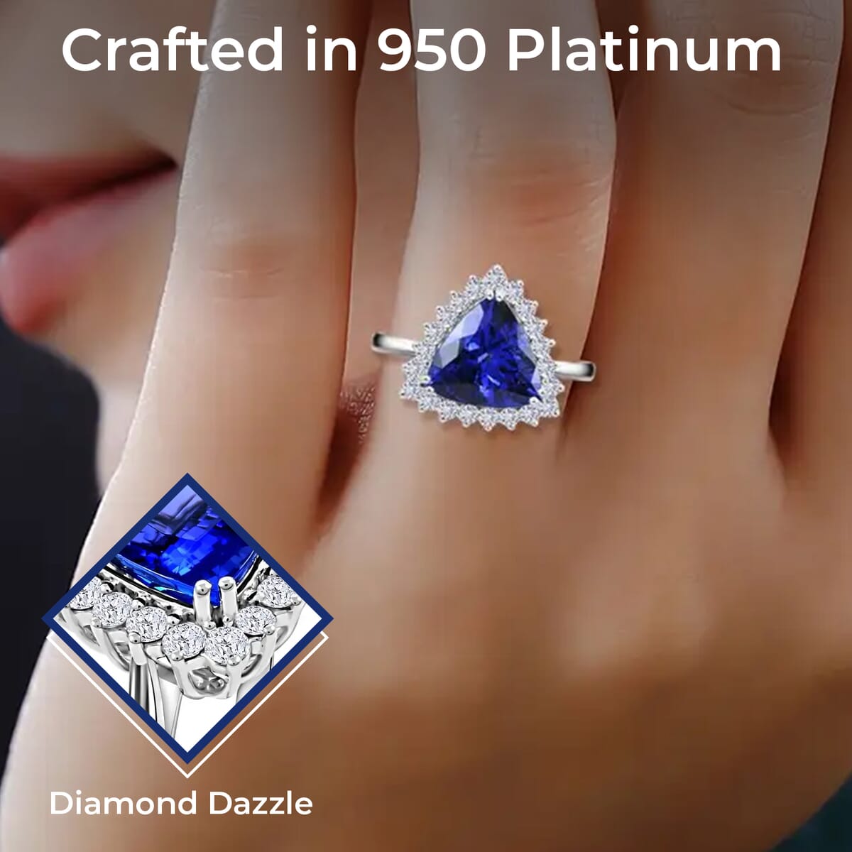 Rhapsody Certified & Appraised AAAA Tanzanite and E-F VS Diamond 5.50 ctw Halo Ring, 950 Platinum Ring, Tanzanite Jewelry, Rings For Her 7.20 Grams (Size 9) image number 2
