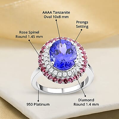 Certified & Appraised Rhapsody AAAA Tanzanite, Mahenge Spinel and E-F VS Diamond 3.75 ctw Ring in 950 Platinum (Size 8.0) 6.80 Grams