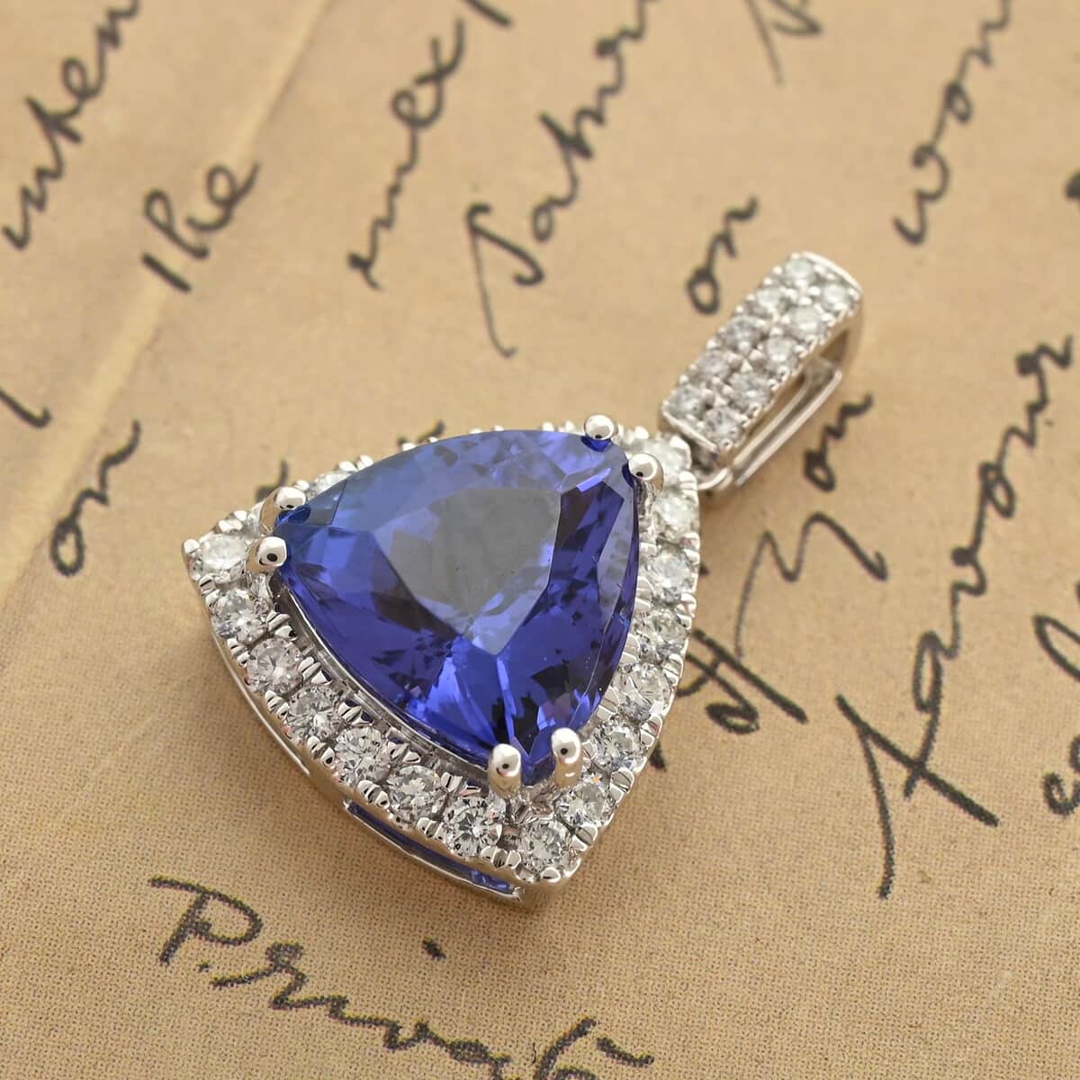 Certified & Appraised Rhapsody AAAA Tanzanite and E-F VS Diamond 3.05 ctw Halo Pendant in 950 Platinum image number 1