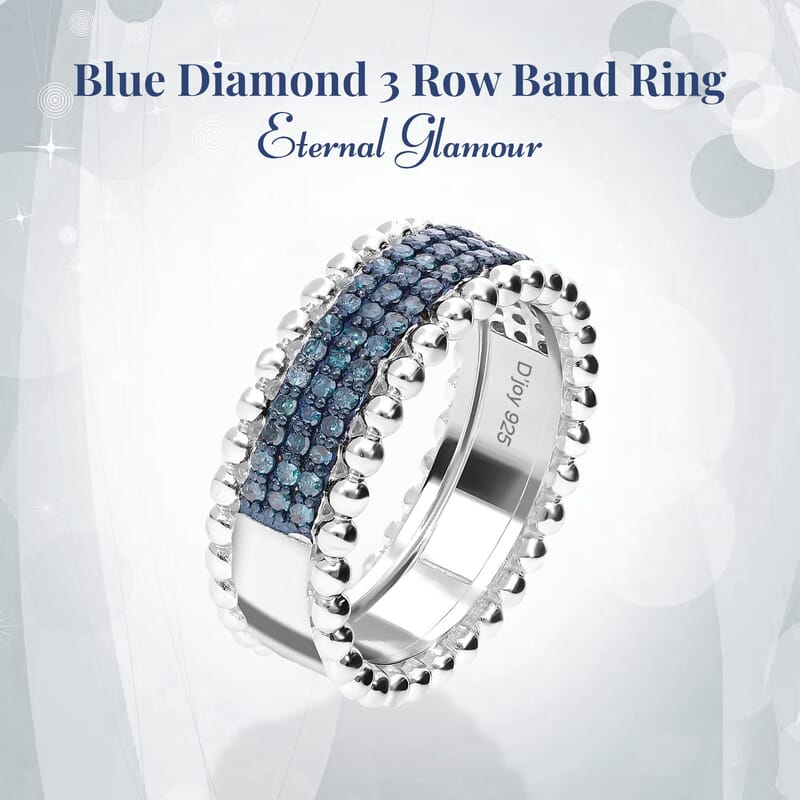 Blue Diamond (IR) 3 Row Band Ring in Platinum Over Sterling Silver, Blue Diamond Jewelry, Birthstone Anniversary Gift For Her 0.50 ctw