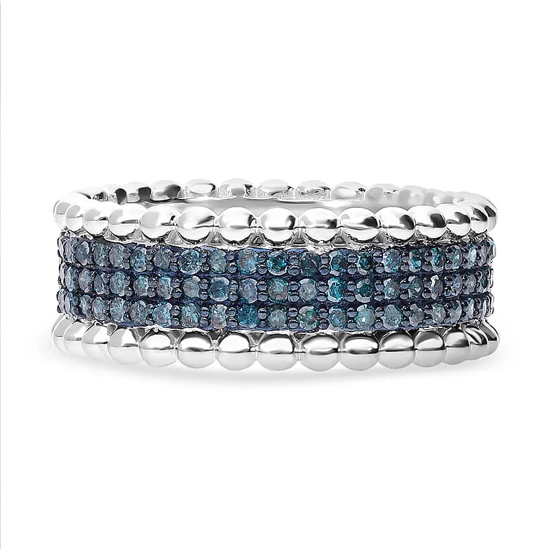 Blue Diamond 0.50 ctw 3 Row Band Ring in Platinum Over Sterling Silver, Blue Diamond Jewelry, Birthstone Anniversary Gift For Her (Size 5.00)
