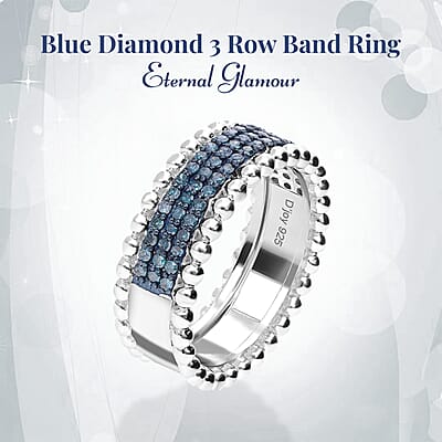 Blue Diamond 0.50 ctw 3 Row Band Ring in Platinum Over Sterling Silver, Blue Diamond Jewelry, Birthstone Anniversary Gift For Her (Size 5.00)