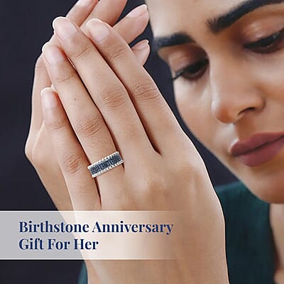 Blue Diamond 0.50 ctw 3 Row Band Ring in Platinum Over Sterling Silver, Blue Diamond Jewelry, Birthstone Anniversary Gift For Her (Size 5.00)