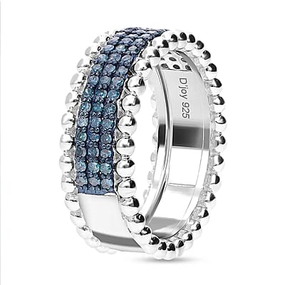 Blue Diamond 0.50 ctw 3 Row Band Ring in Platinum Over Sterling Silver, Blue Diamond Jewelry, Birthstone Anniversary Gift For Her (Size 5.00)