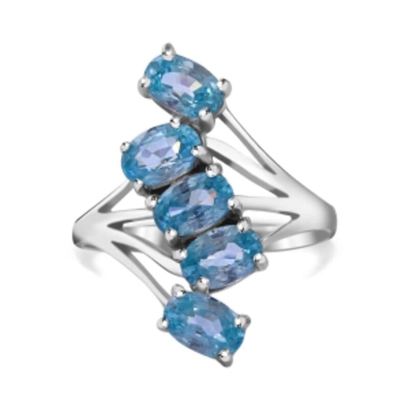 Blue Zircon 3.66 ctw Ring in Rhodium Over Sterling Silver (Size 5.5)