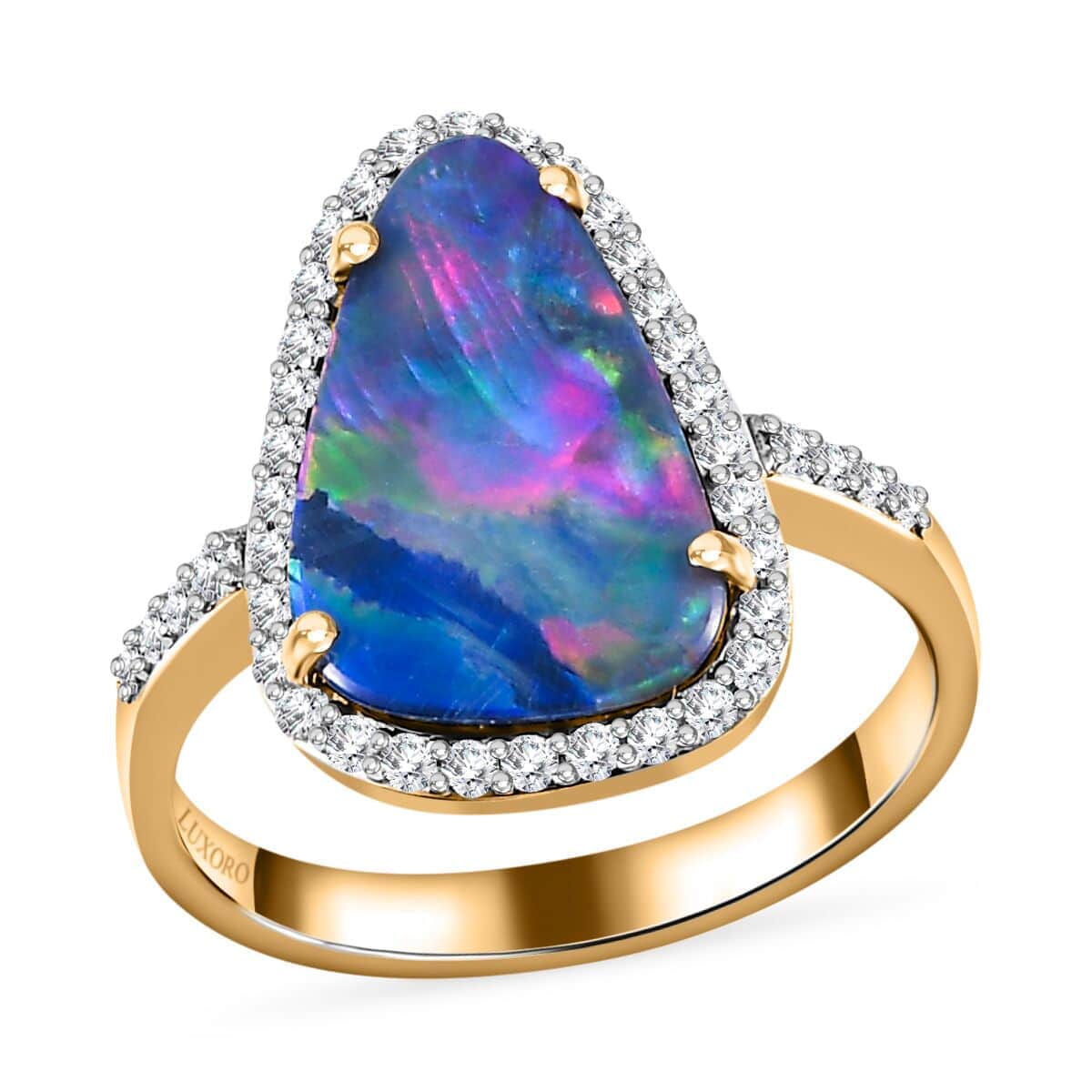 Luxoro 14K Yellow Gold Premium Boulder Opal Doublet and G-H I2 Diamond Halo Ring (Size 6.0) 3.60 ctw image number 0