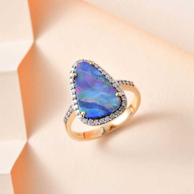 Luxoro 14K Yellow Gold Premium Boulder Opal Doublet and G-H I2 Diamond Halo Ring (Size 6.0) 3.60 ctw