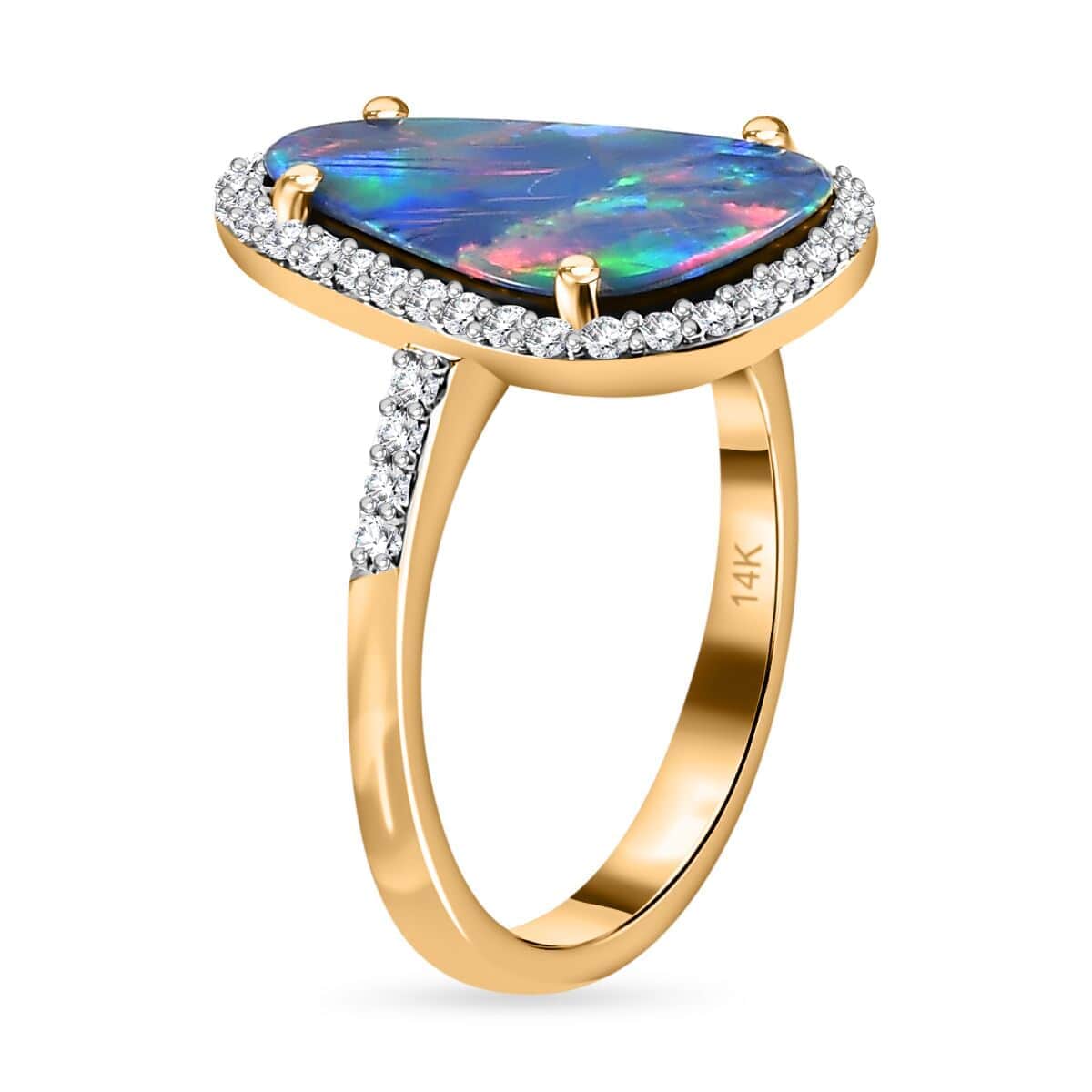 Luxoro 14K Yellow Gold Premium Boulder Opal Doublet and G-H I2 Diamond Halo Ring (Size 6.0) 3.60 ctw image number 4