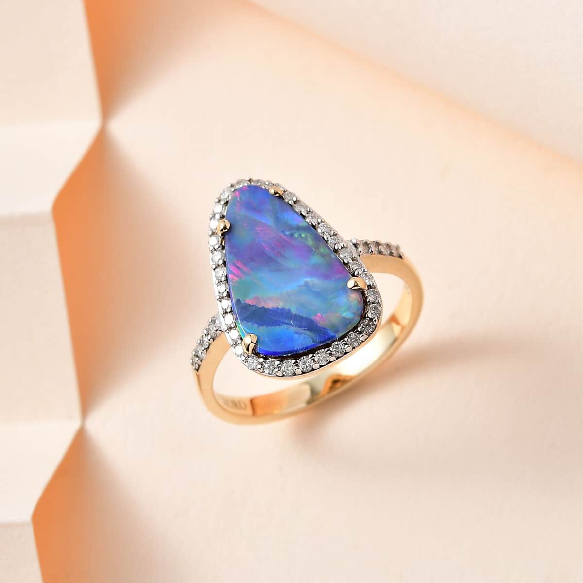 Luxoro 14K Yellow Gold Premium Boulder Opal Doublet and G-H I2 Diamond Halo Ring (Size 7.0) 3.60 ctw image number 1