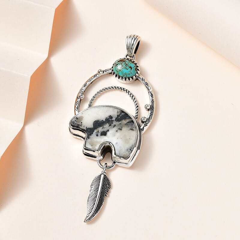 Artisan Crafted White Buffalo and Royston Turquoise Bear Pendant in Sterling Silver 23.25 ctw
