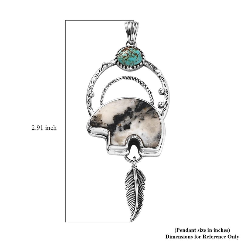 Artisan Crafted White Buffalo and Royston Turquoise Bear Pendant in Sterling Silver 23.25 ctw