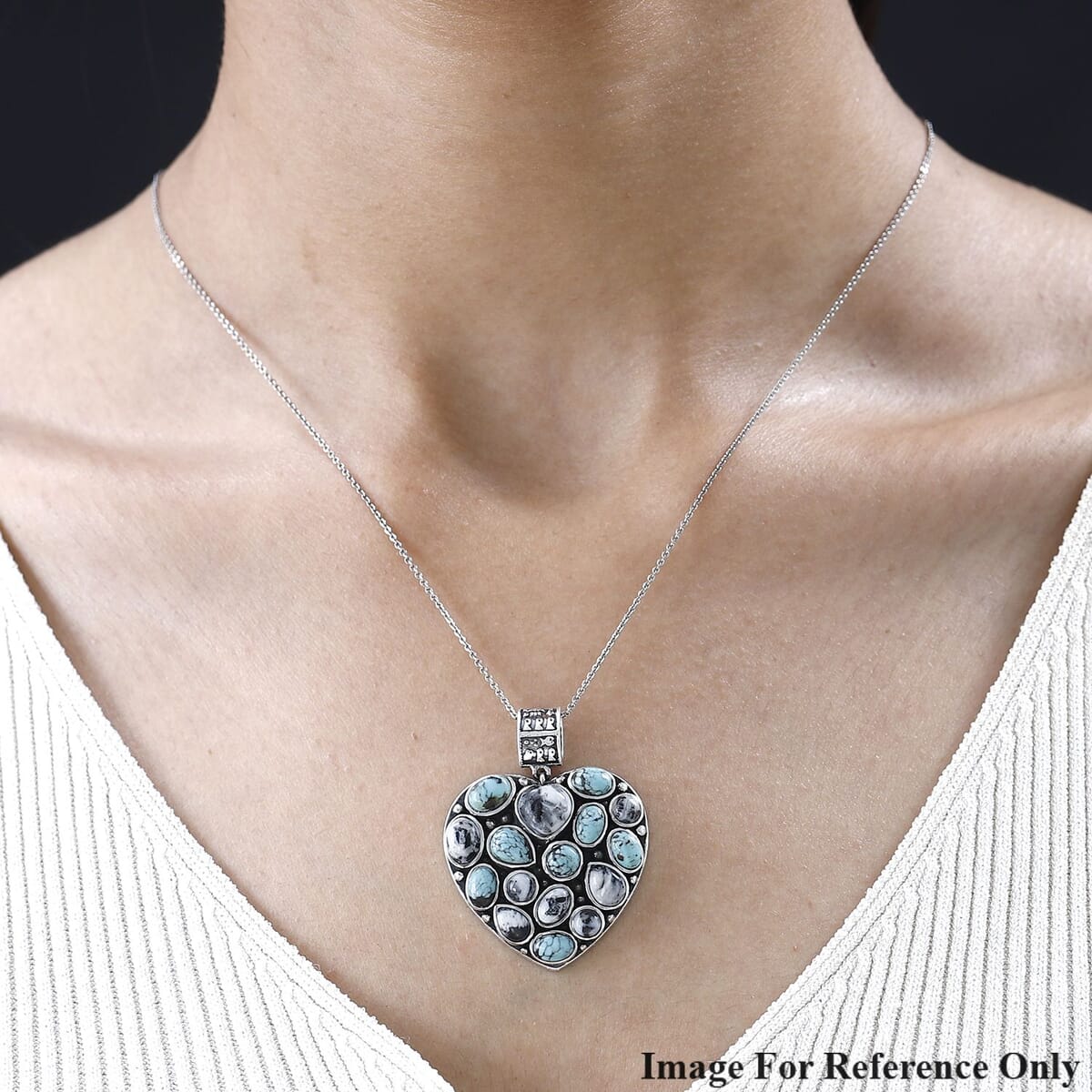 Artisan Crafted Blue Moon Turquoise and White Buffalo Heart Pendant in Sterling Silver 10.00 ctw image number 1