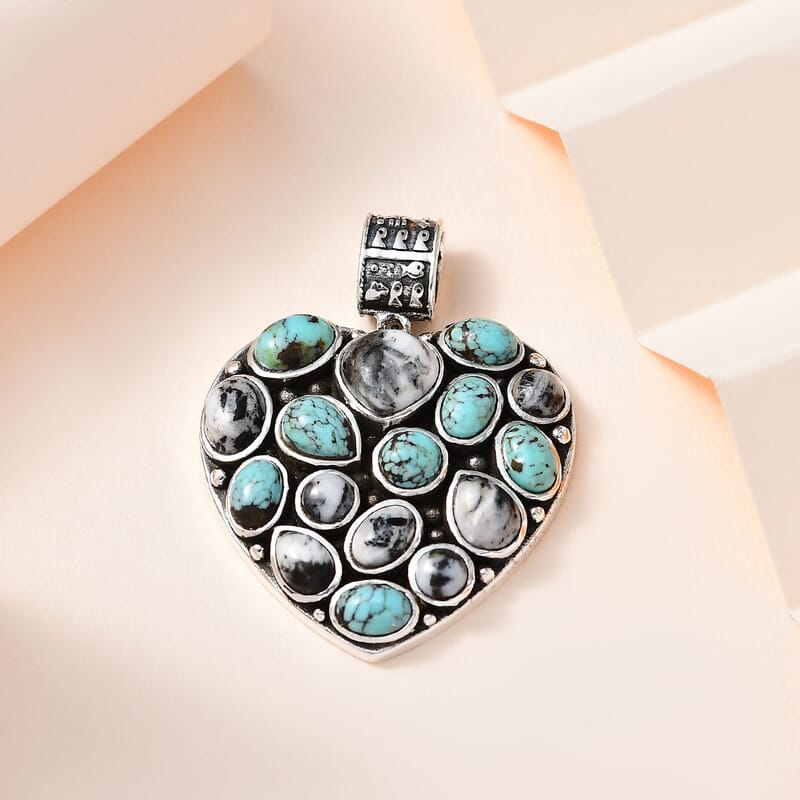 Artisan Crafted Blue Moon Turquoise and White Buffalo Heart Pendant in Sterling Silver 10.00 ctw