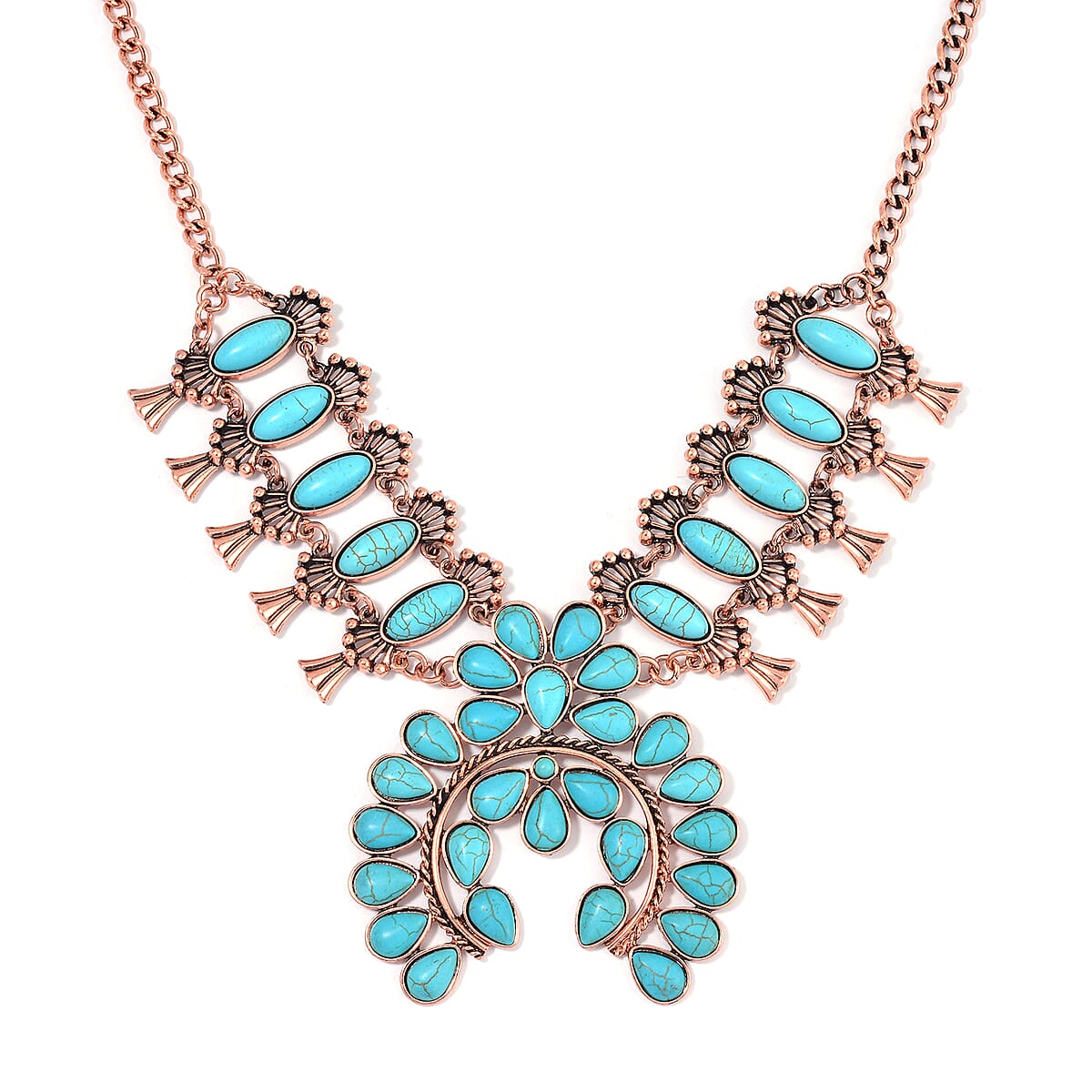 Doorbuster Constituted Blue Howlite 15.00 ctw Squash Blossom Necklace in Rosetone 24-28 Inches image number 0