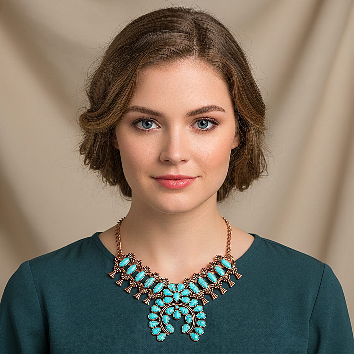 Doorbuster Constituted Blue Howlite 15.00 ctw Squash Blossom Necklace in Rosetone 24-28 Inches image number 2