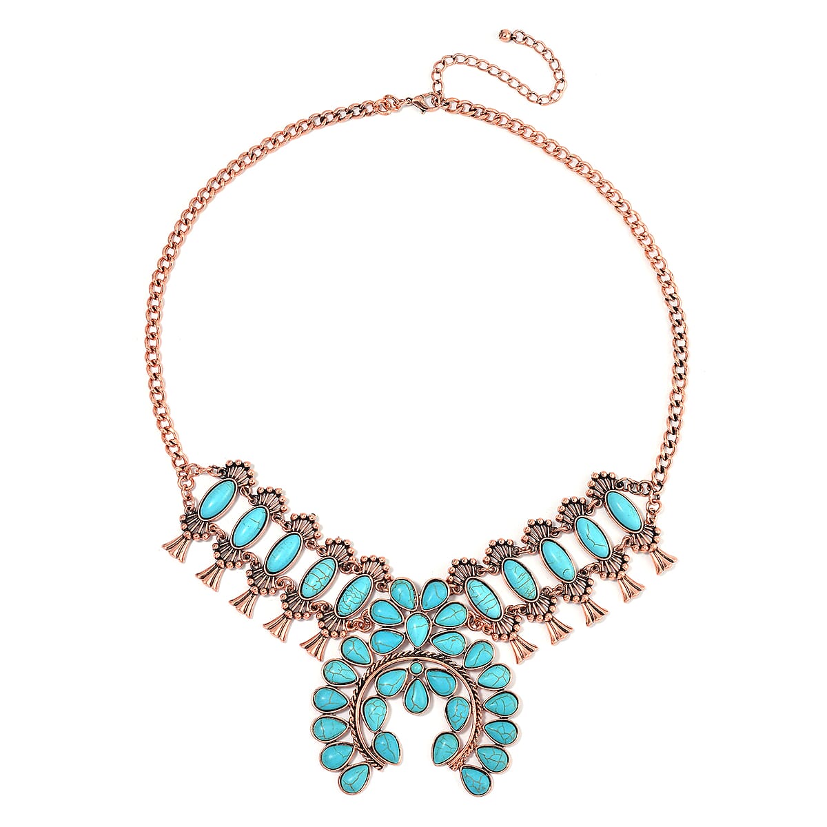 Doorbuster Constituted Blue Howlite 15.00 ctw Squash Blossom Necklace in Rosetone 24-28 Inches image number 3