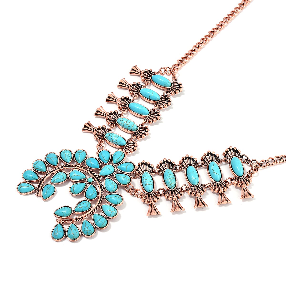 Doorbuster Constituted Blue Howlite 15.00 ctw Squash Blossom Necklace in Rosetone 24-28 Inches image number 4