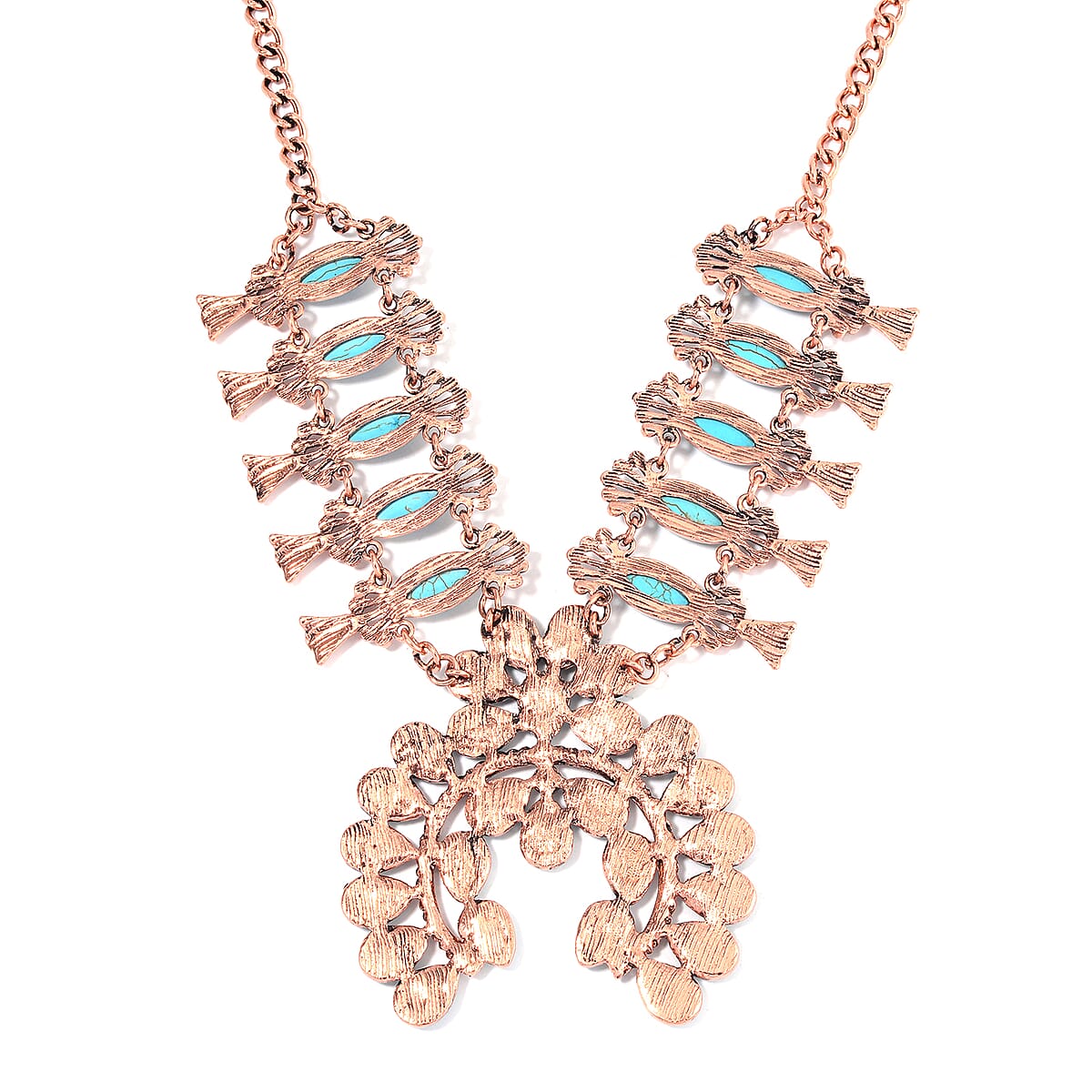 Doorbuster Constituted Blue Howlite 15.00 ctw Squash Blossom Necklace in Rosetone 24-28 Inches image number 5