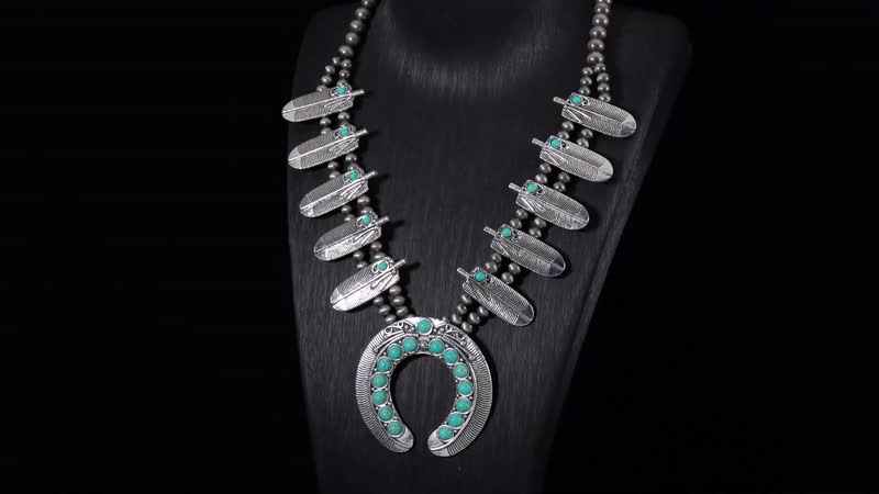 Constituted Blue Howlite 20.00 ctw Squash Blossom Feather Necklace in Silvertone 24-28 Inches