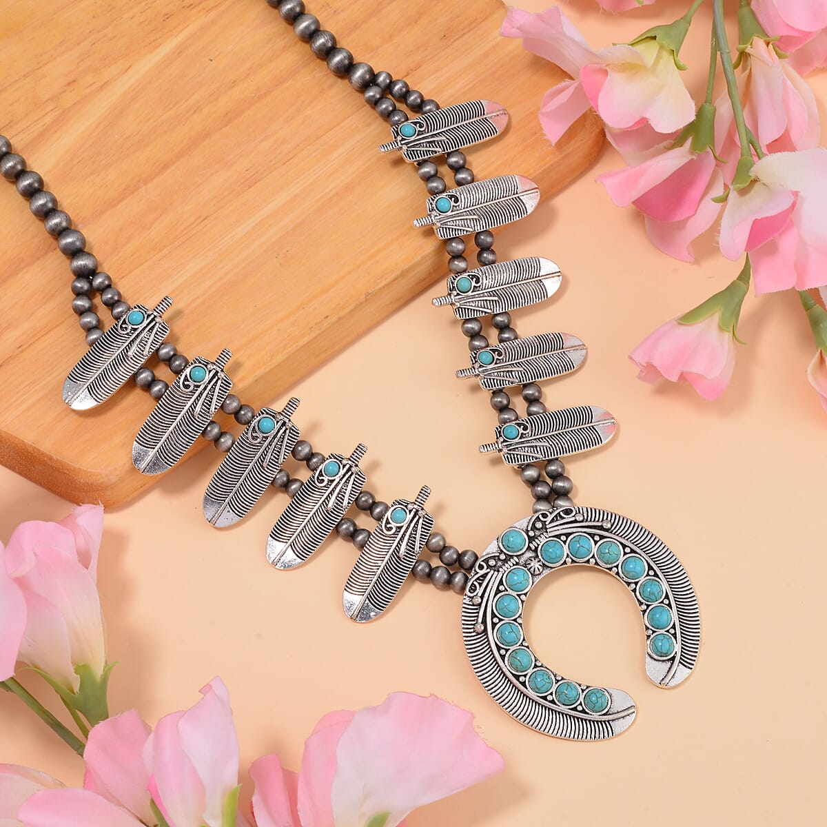 Doorbuster Constituted Blue Howlite 20.00 ctw Squash Blossom Necklace in Silvertone 24-28 Inches image number 1