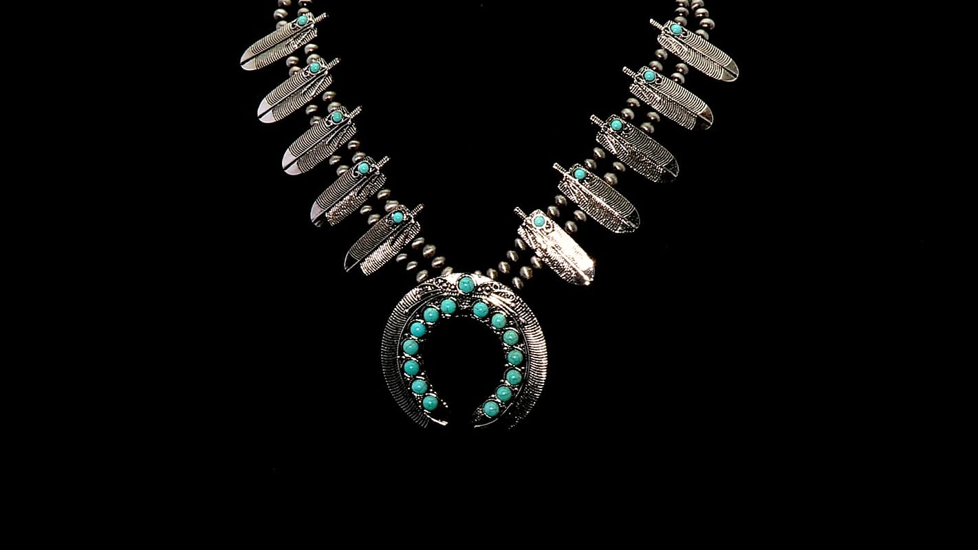 Constituted Blue Howlite 20.00 ctw Squash Blossom Feather Necklace in Silvertone 24-28 Inches