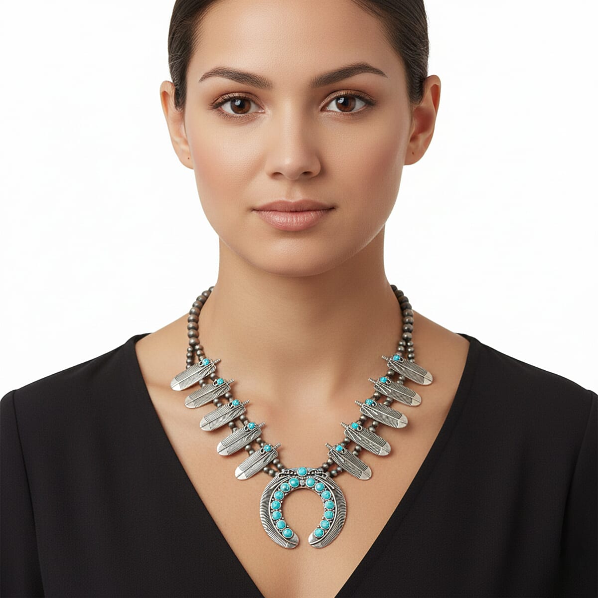 Doorbuster Constituted Blue Howlite 20.00 ctw Squash Blossom Necklace in Silvertone 24-28 Inches image number 2