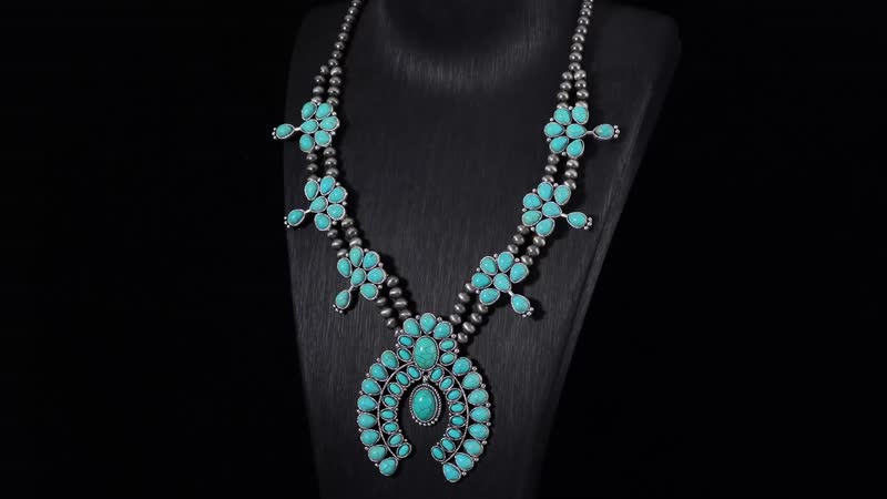 Constituted Blue Howlite 20.00 ctw Squash Blossom Necklace in Silvertone 24-28 Inches